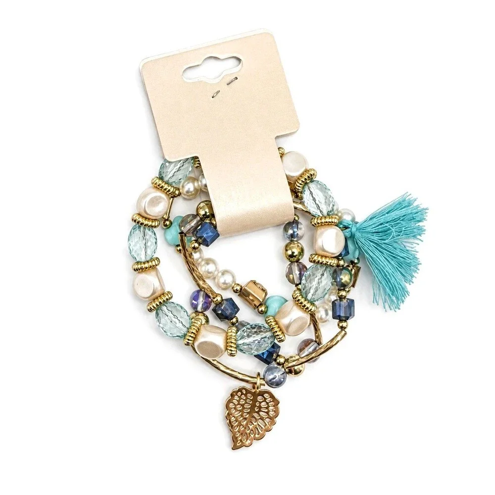 Blue White Gold Boho Layered Bracelet Set Faux Pearl Rose Tassel Crystal NEW